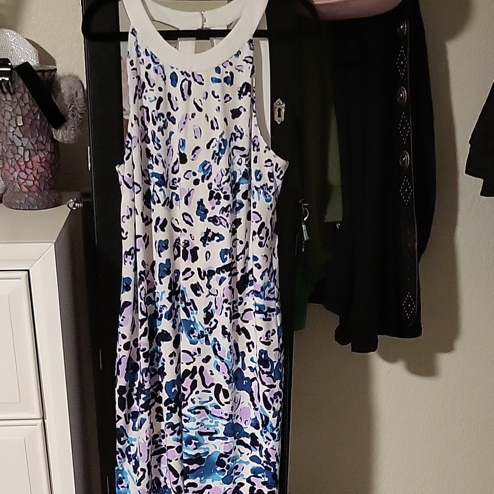 White House Black Market White Dress with Blue and Purple Print